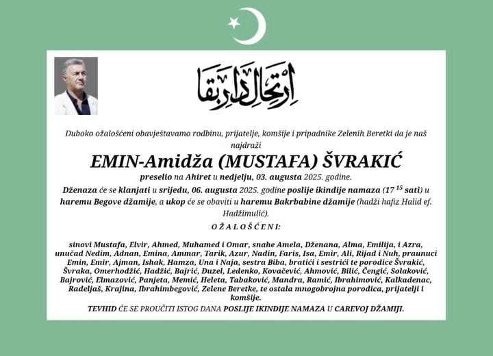 Emin Švrakić bit će ukopan u haremu Bakrbabine džamije