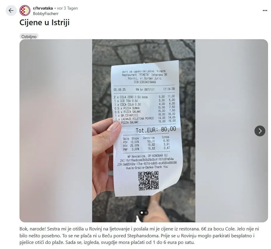 Račun iz ugostiteljskog objekta u Rovinju