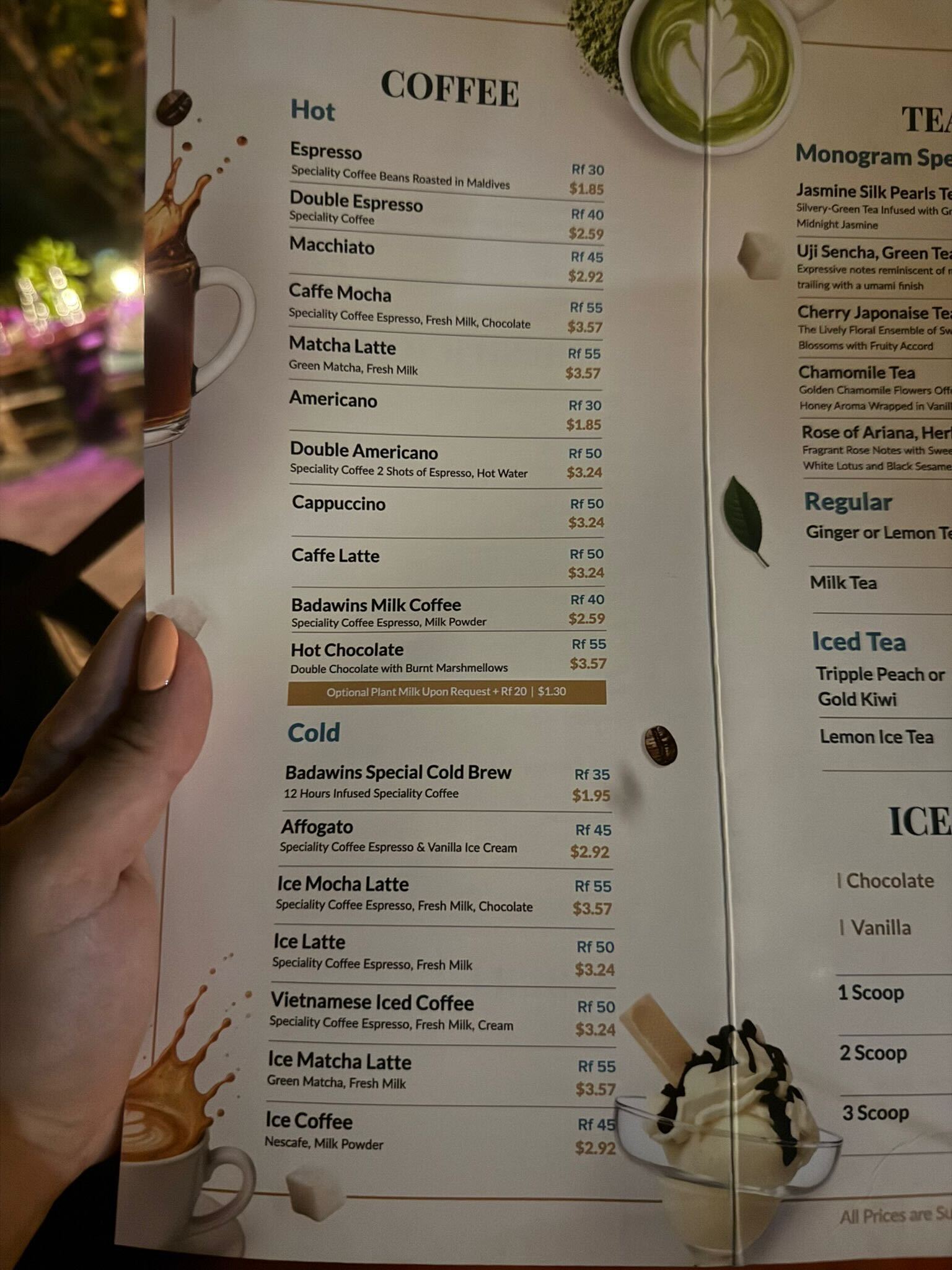 Meni jednog kafića na Maldivima