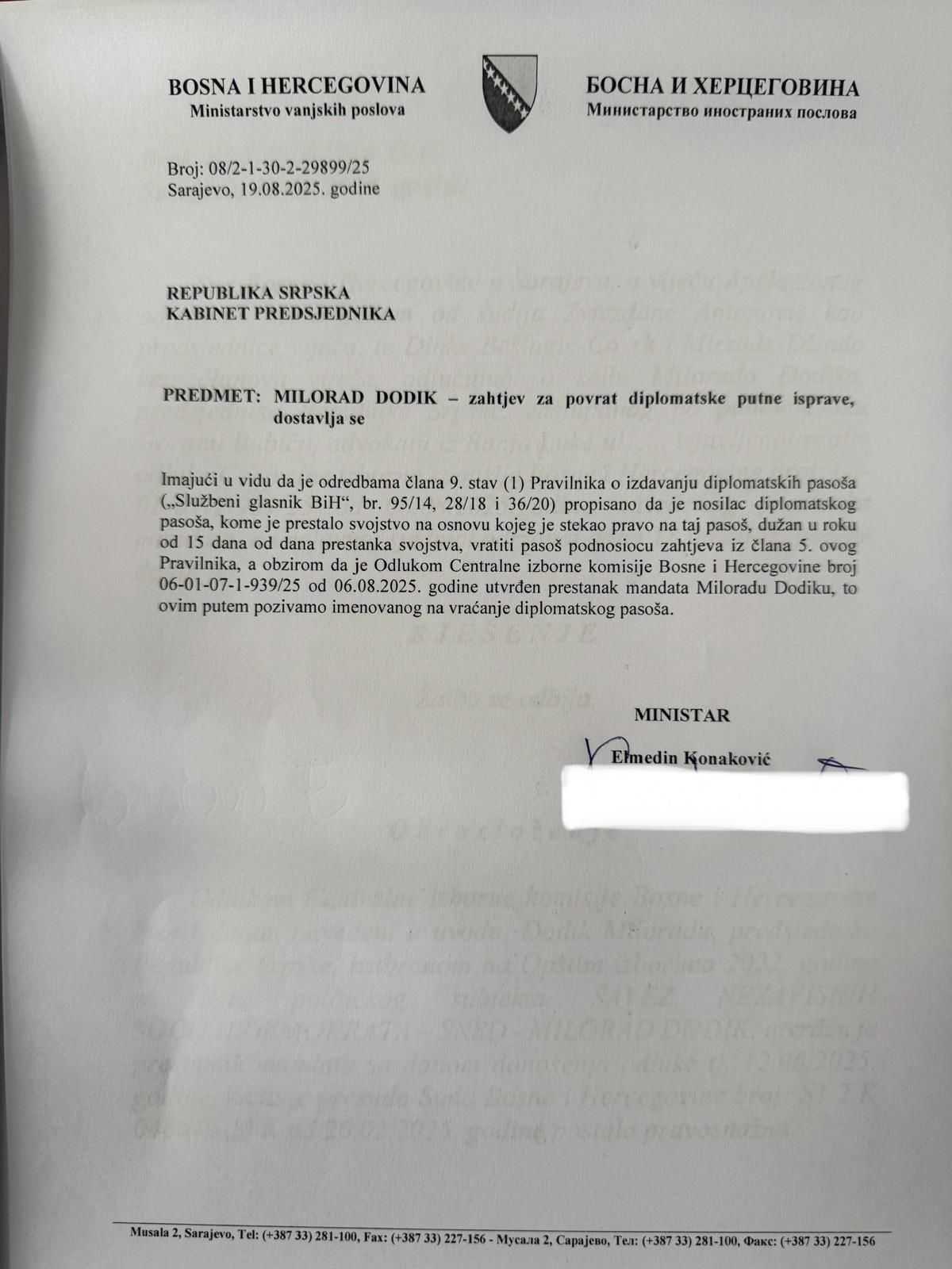 Službeni dopis za Milorada Dodika