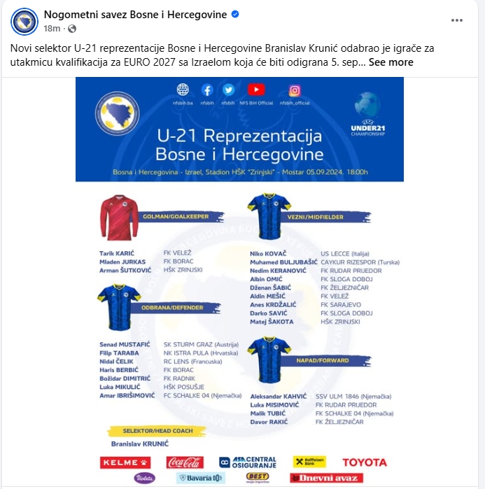Spisak U-21 BiH objavljen na društvenim mrežama