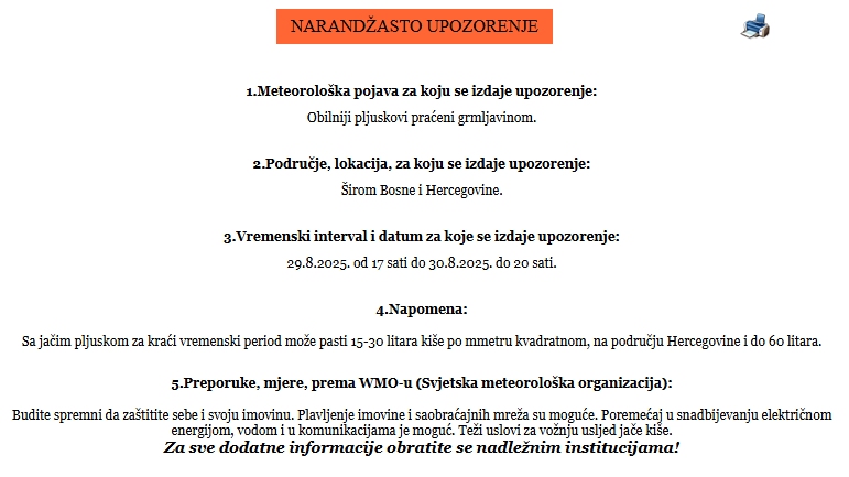 Na snazi je narandžasto upozorenje