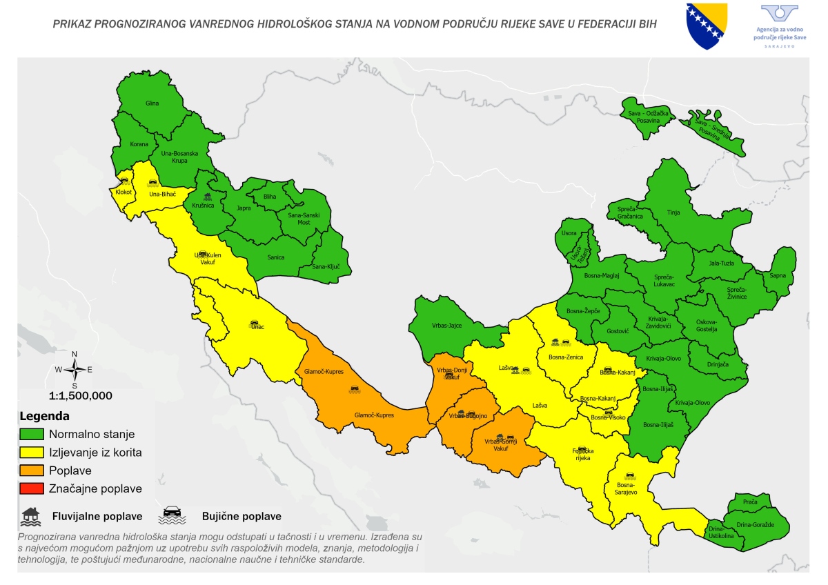 Karta koja prikazuje područje vanrednog hidrološkog stanja