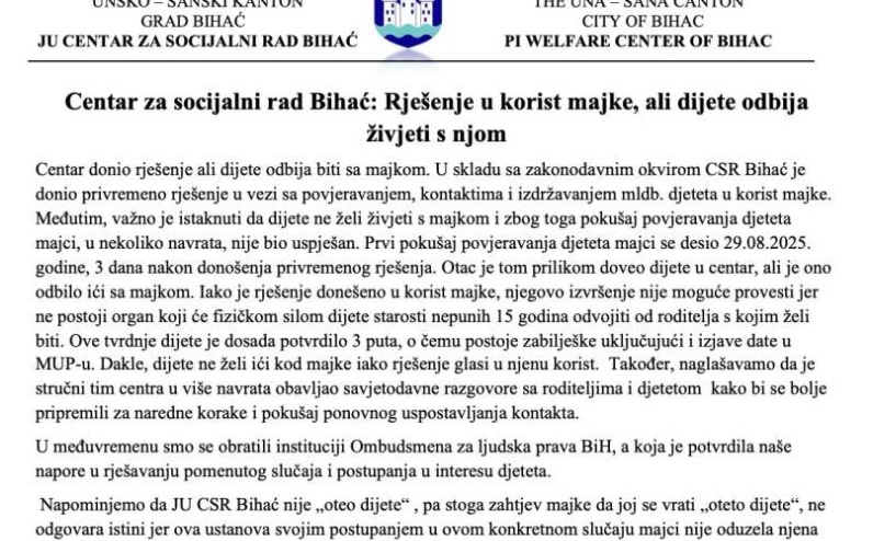 Saopštenje Centra za socijalni rad Bihać