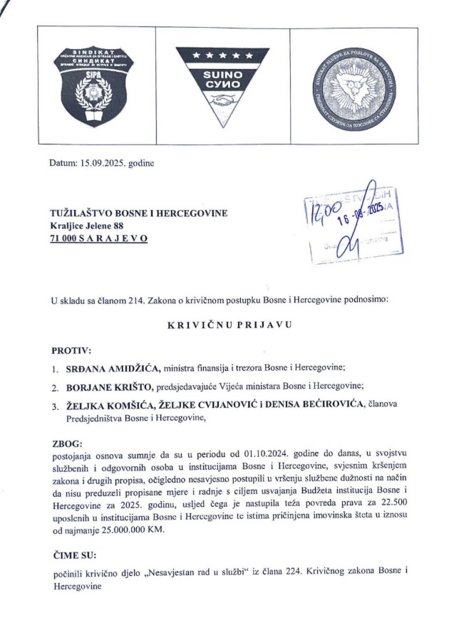 Tekst krivične prijave koja je upućena Tužilaštvu BiH
