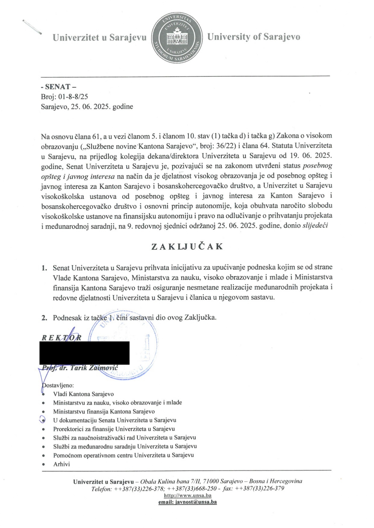 Zaključak Senata Univerziteta u Sarajevu