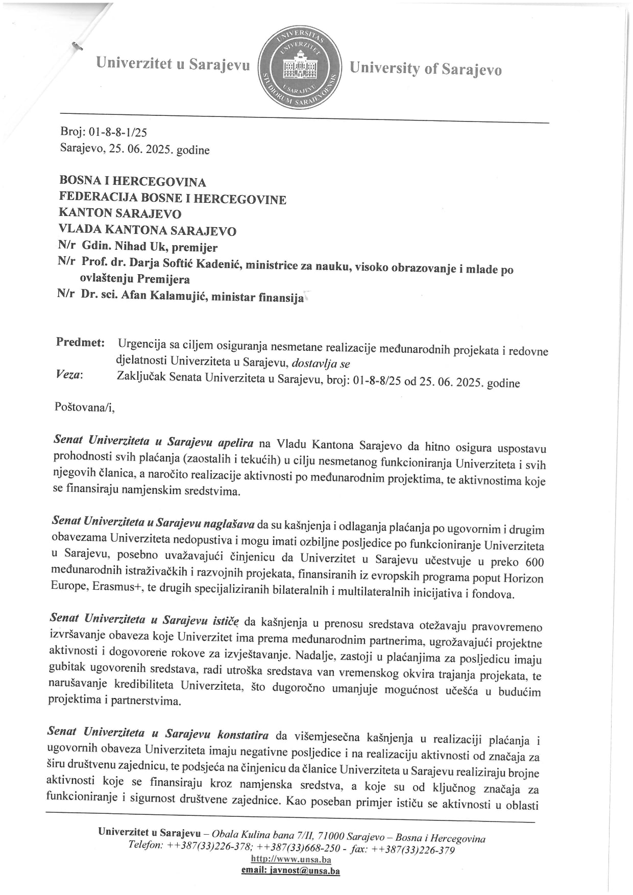 Zaključak Senata Univerziteta u Sarajevu