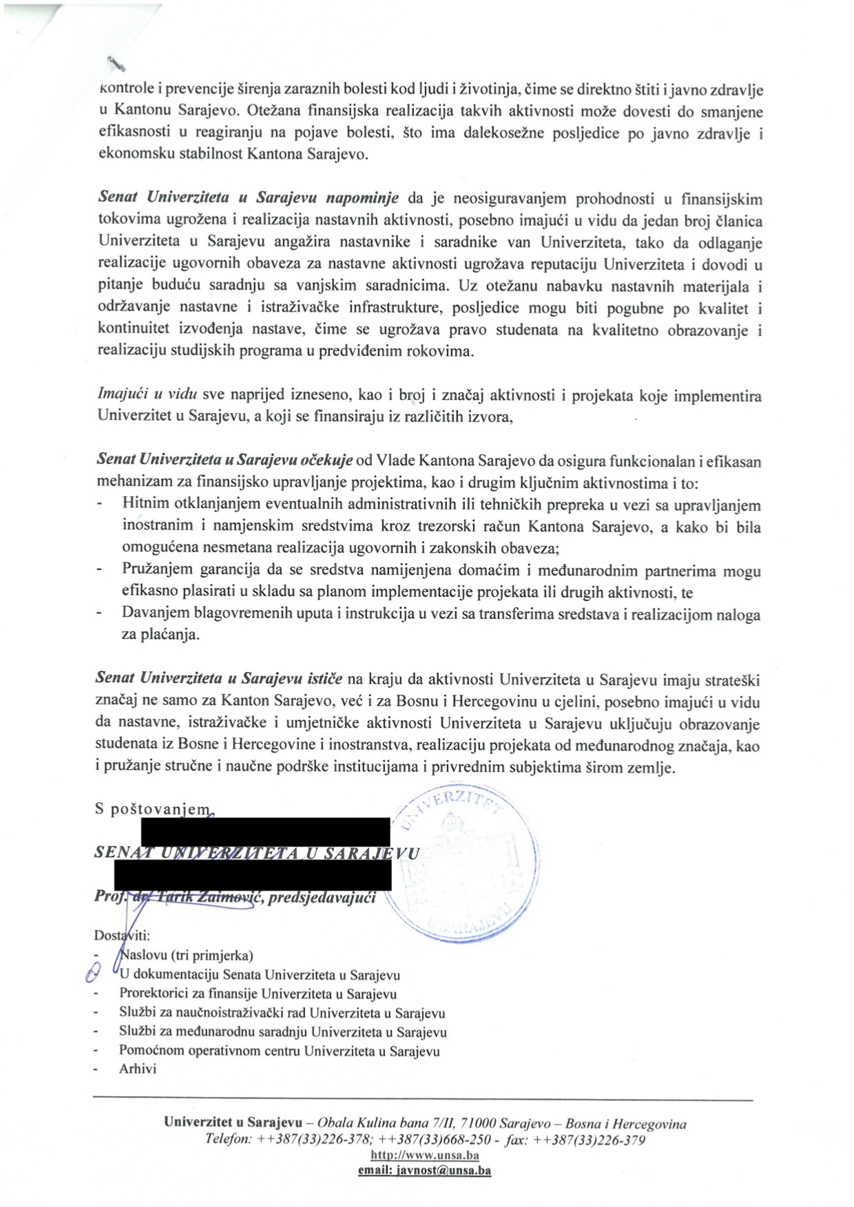 Zaključak Senata Univerziteta u Sarajevu