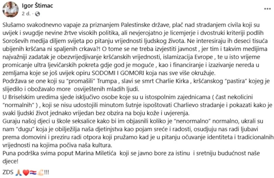 Izbrisana objava Igora Štimca