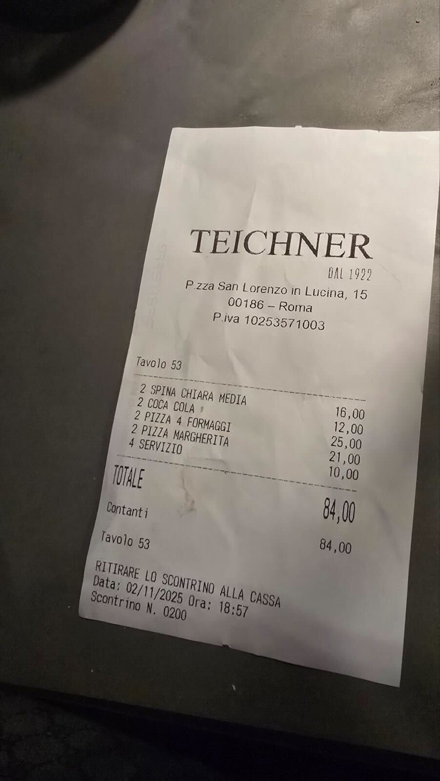 Račun iz jednog restorana u Rimu