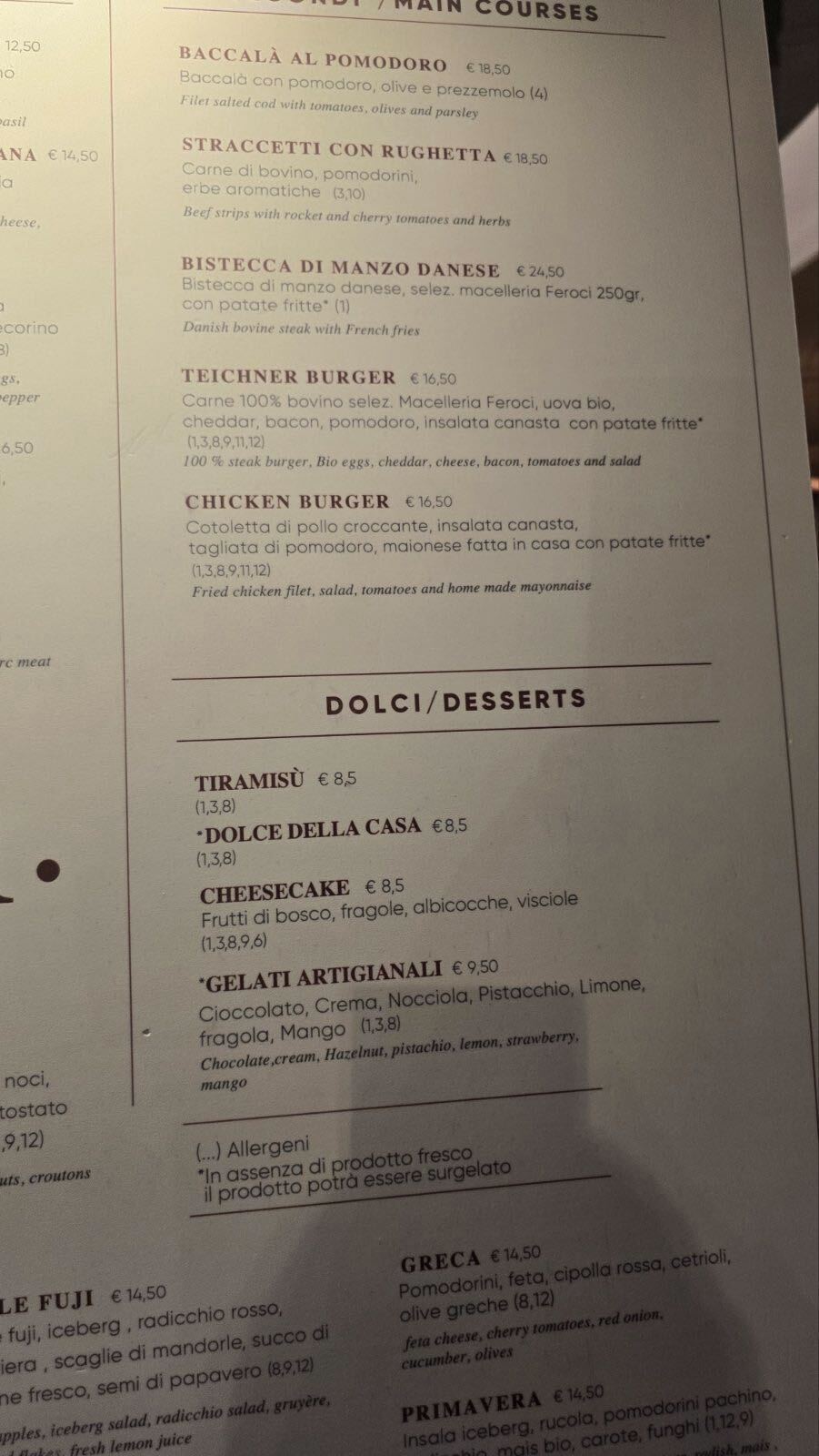 Cjenovnik iz restorana u Rimu