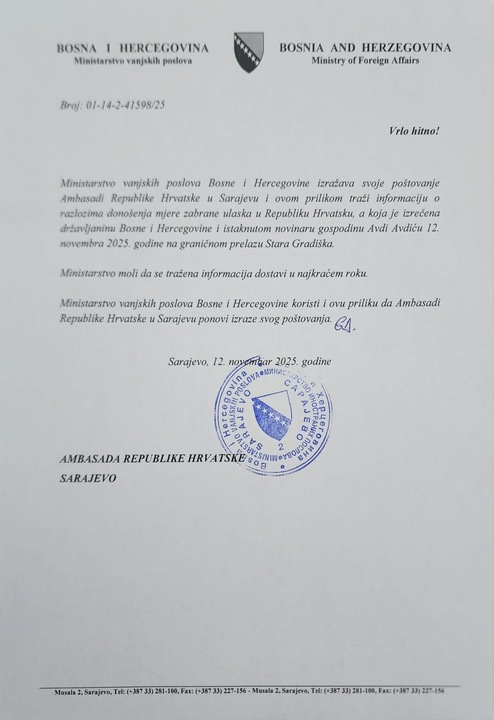 Dopis Ambasadi Republike Hrvatske