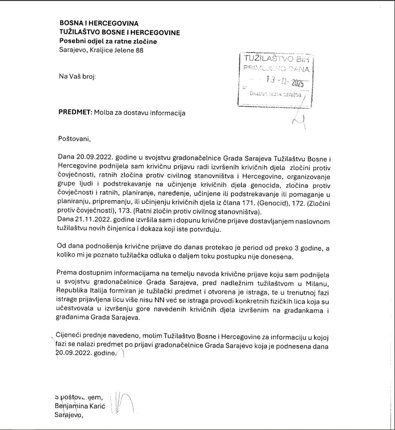 Dopis Tužilaštvu BiH