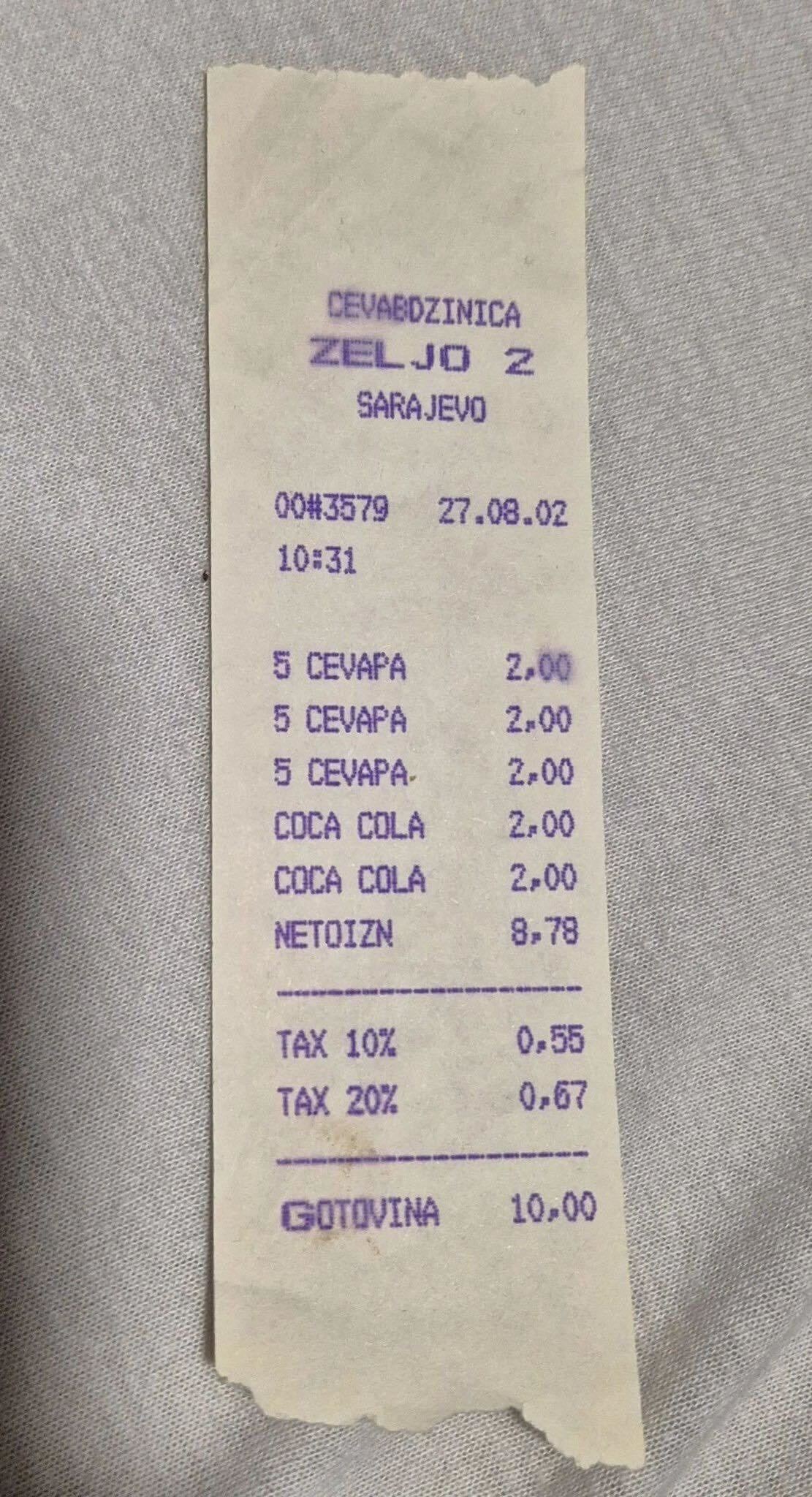 Račun za čevape i Coca-Colu u Sarajevu star 23 godine