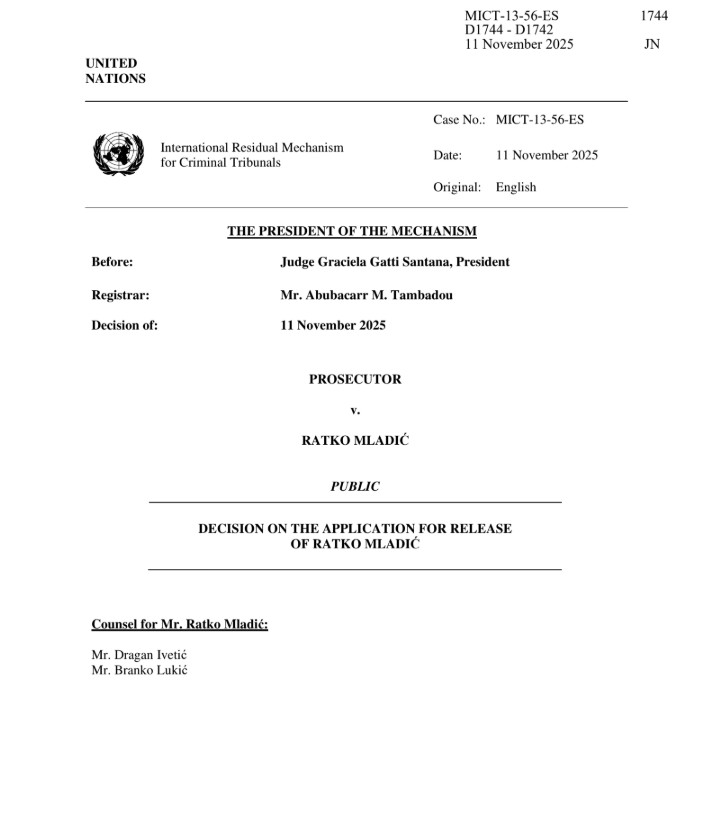 Odluka MMKS-a o aplikaciji za puštanje zločinca Mladića