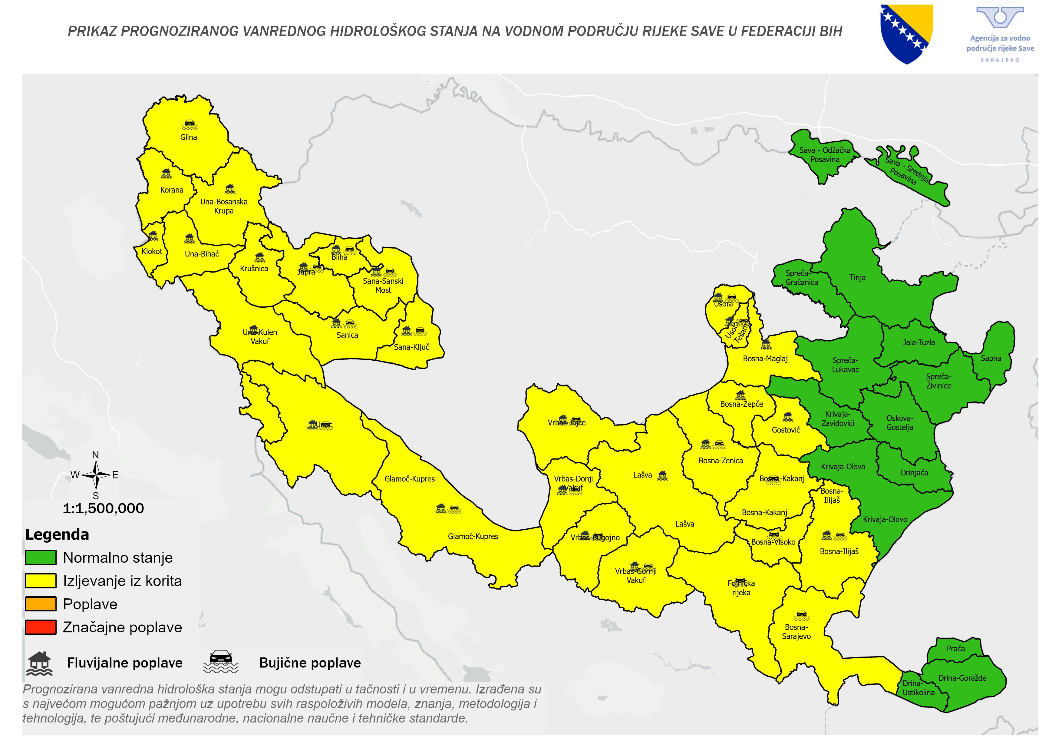 Karta koja prikazuje područje vanrednog hidrološkog stanja