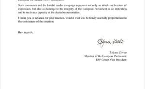 Foto: X.com / Željana Zovko, pismo