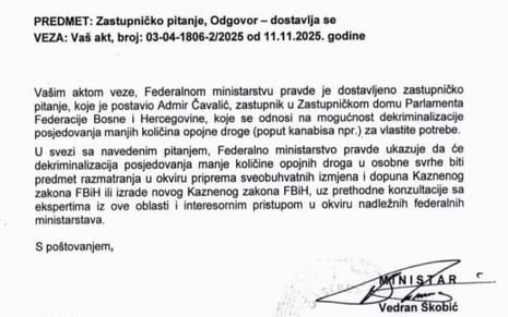 Odgovor ministra na upit Čavalića