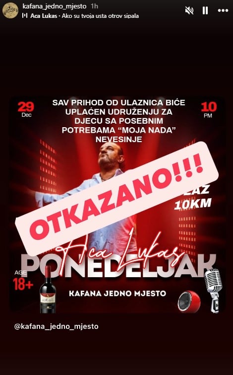 Objava kafića u kojem je Aca Lukas trebao nastupiti