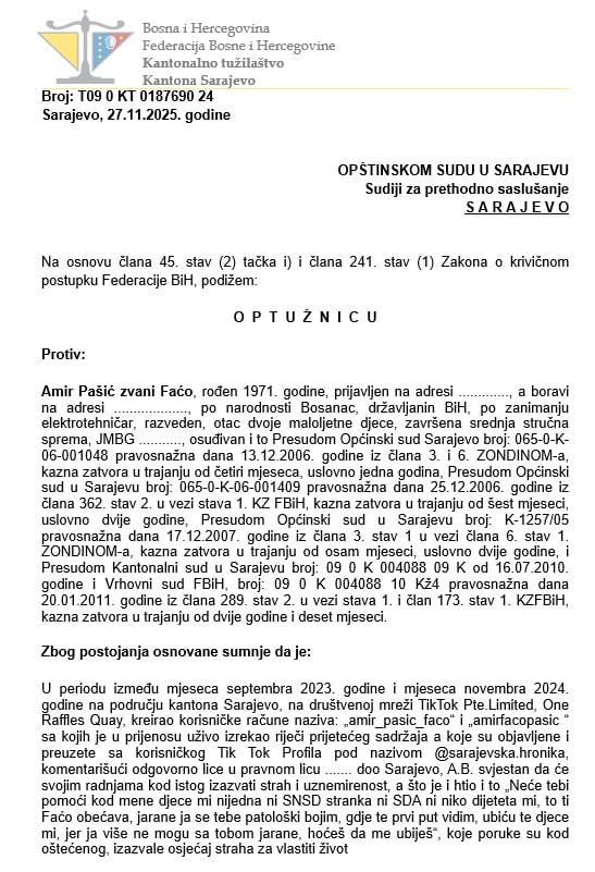 Optužnica protiv Amira Pašića Faće