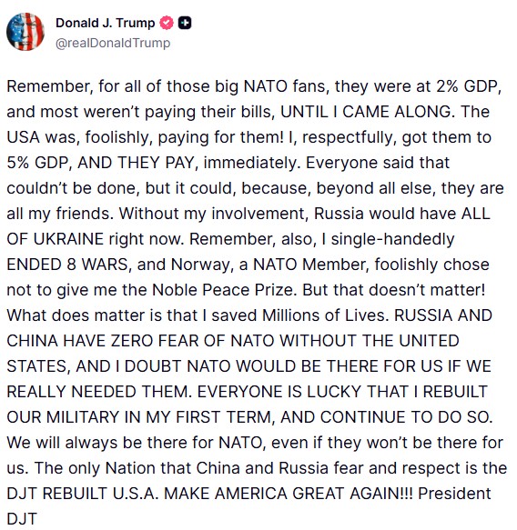 Objava Donalda Trumpa na Truth Socialu