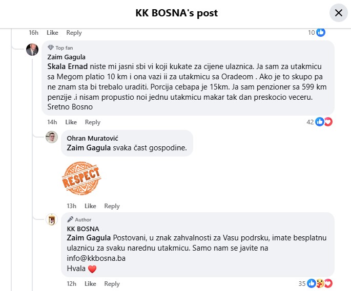 Komentari na objavi KK Bosna BHTelecom