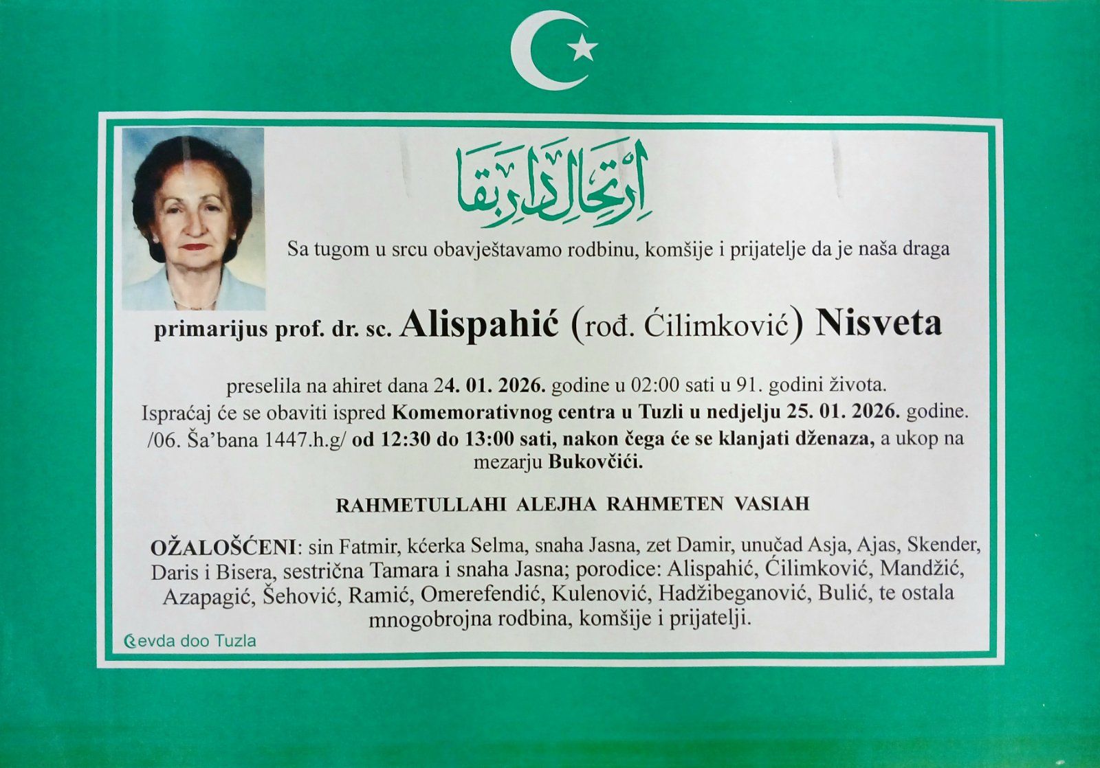 Smrtovnica prof. dr. Nisvete Alispahić