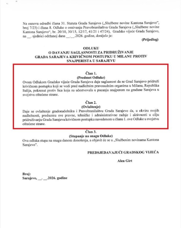Odluka GV o pridruživanju Grada Sarajeva krivičnompostupku u Milanu