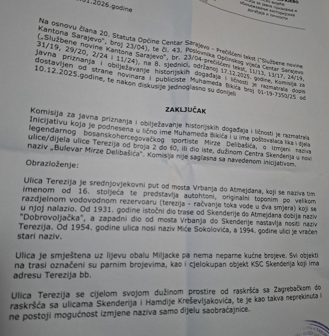 Komisija nije saglasna sa inicijativom