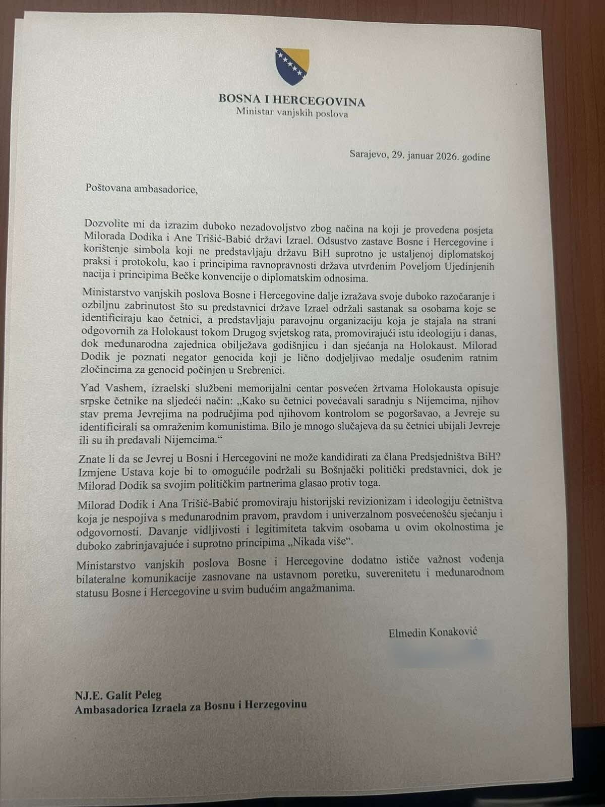 Pismo Konakovića ambasadorici Peleg