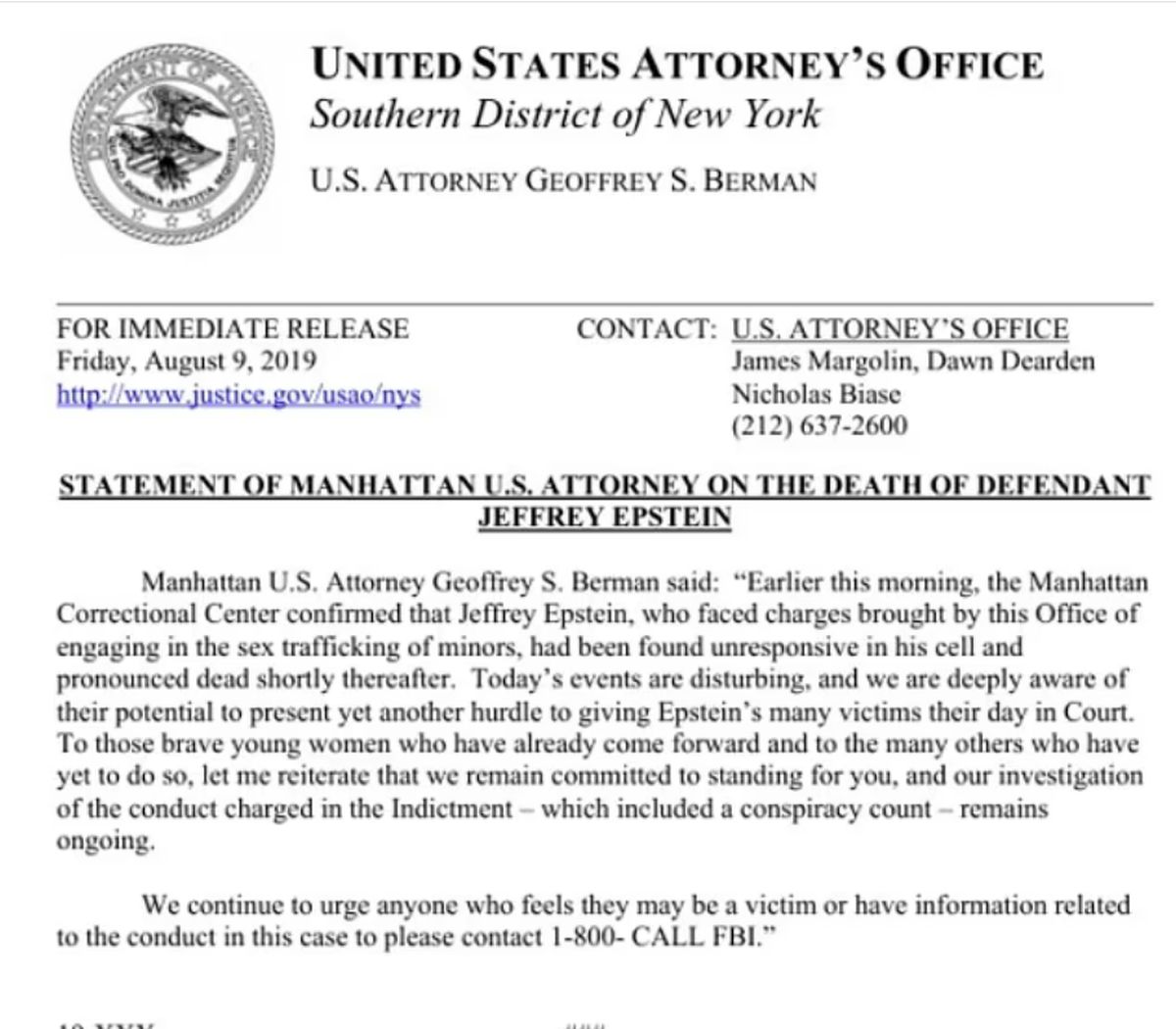 Dokument o smrti Jeffreya Epsteina