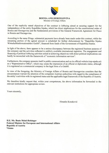 Dopis koji je Elmedin Konaković poslao ministrici Austrije