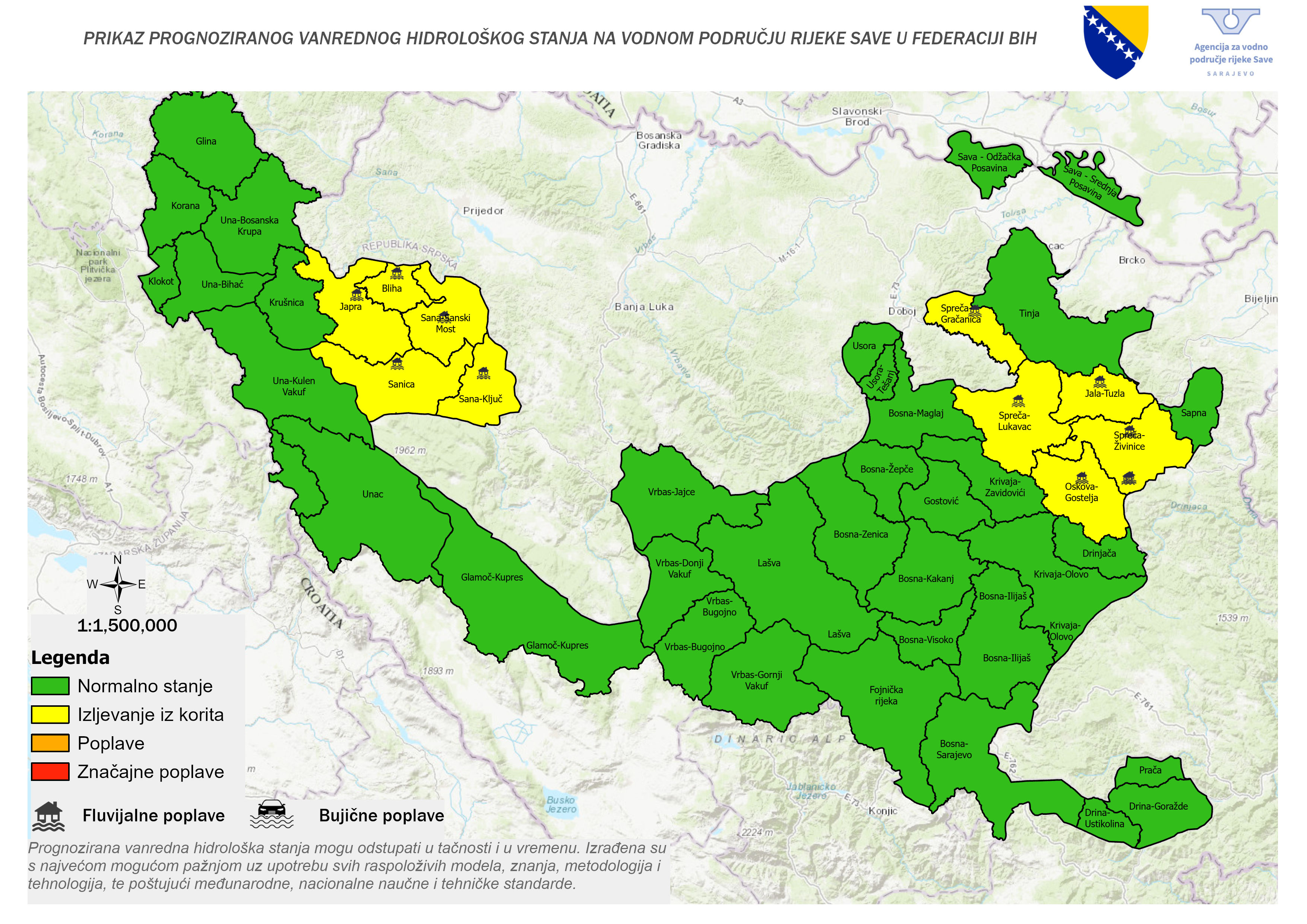 Karta koja prikazuje područje vanrednog hidrološkog stanja