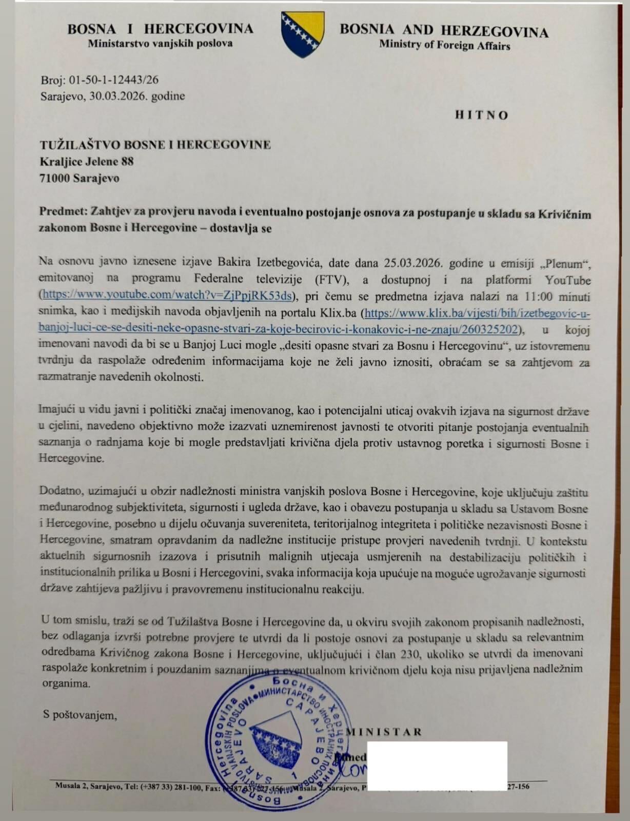 Krivična prijava protiv Bakira Izetbegovića