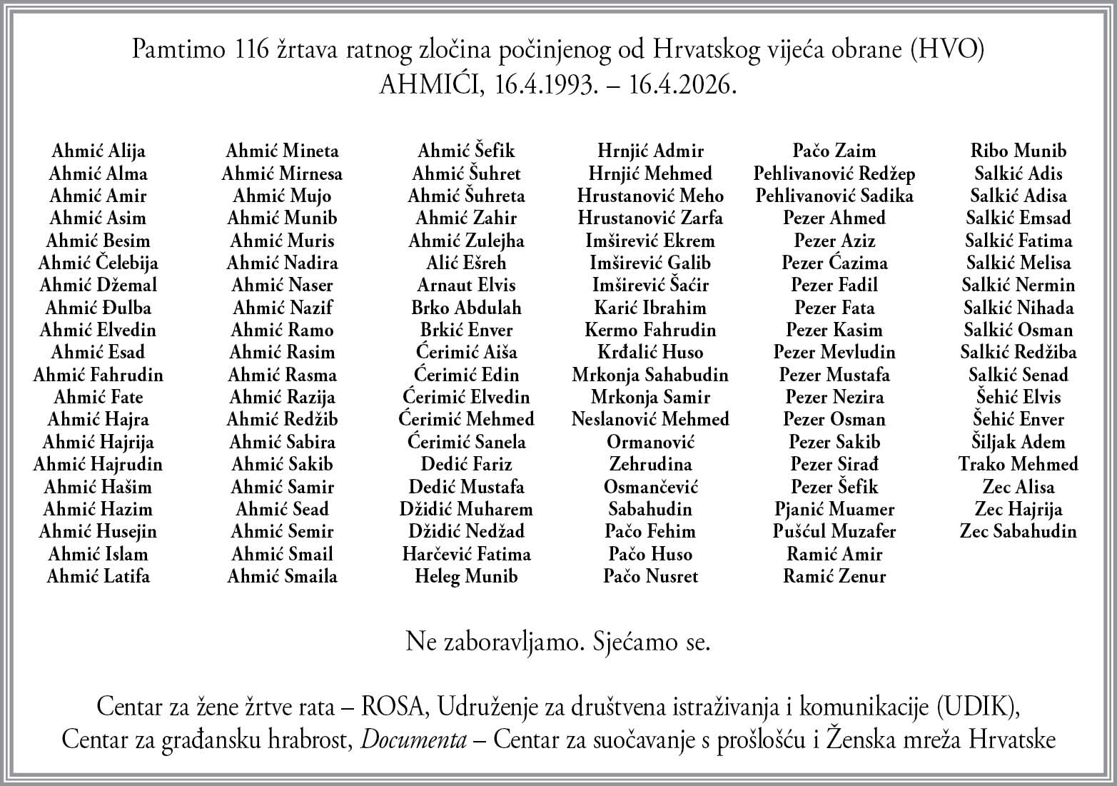 Osmrtnica s imenima svih žrtava u Ahmićima