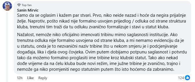 Komentar Sanina Mirvića na objavu FK Željezničar