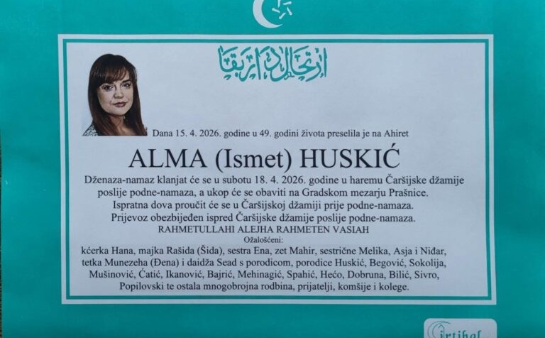 Smrtovnica preminule Alme Huskić
