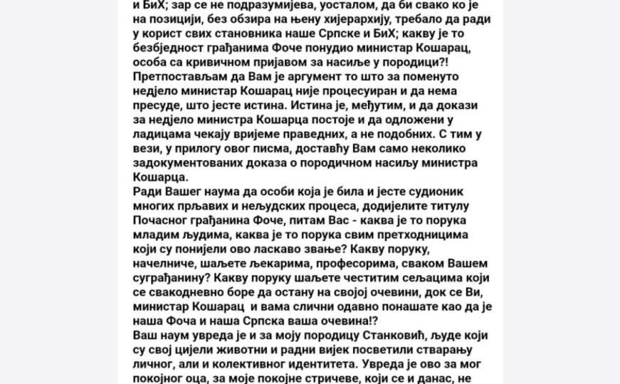 Pismo načelniku Foče Milanu Vukadinoviću