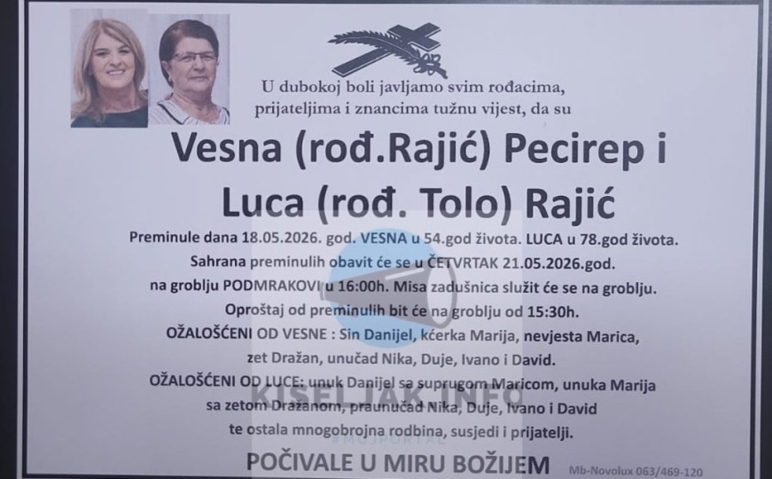 Posljednji oproštaj od Vesne Pecirep i njene majke
