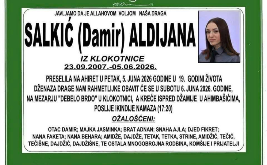 Poginula 19-godišnja Aldijana Salkić