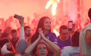 Foto: N. G. / Radiosarajevo.ba / Slavlje u fan zoni Vijećnica nakon gola Zmajeva