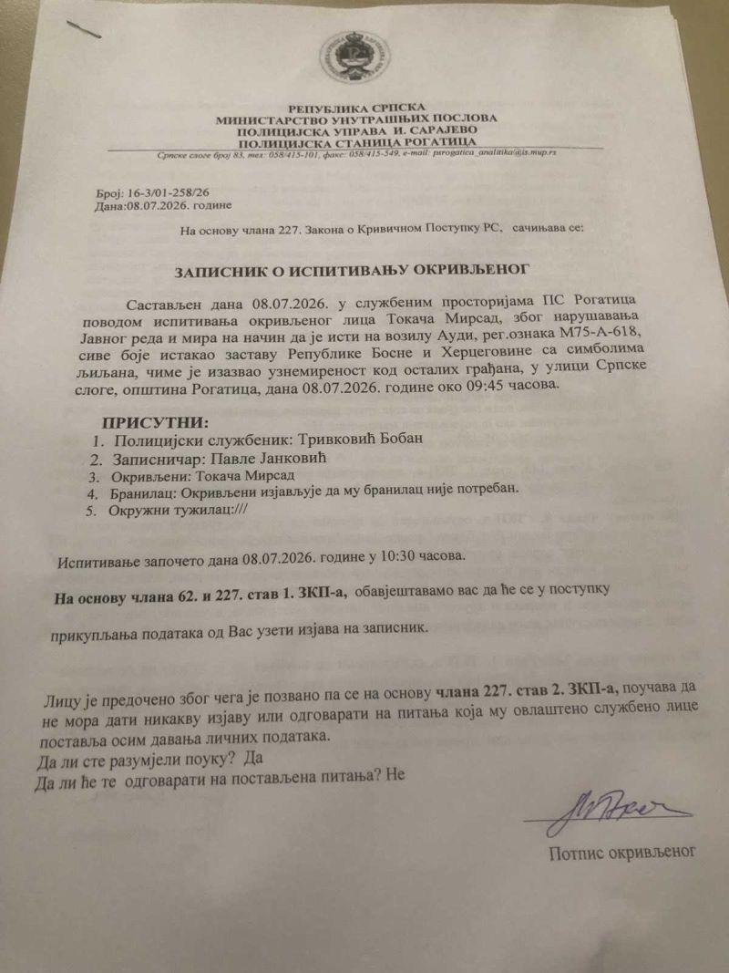 Zapisnik o ispitivanju Mirsada Tokače
