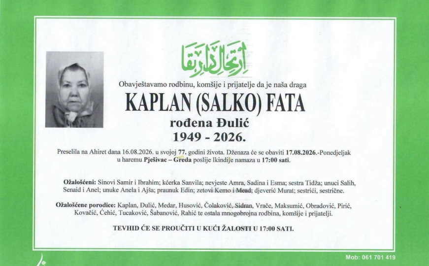 Danas oproštaj od Fate Kaplan