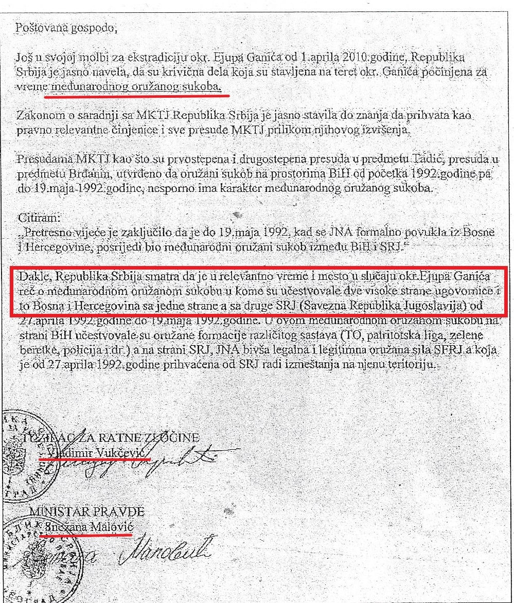 Faksimil 1 - Dokument SRJ o  međunarodnom sukobu